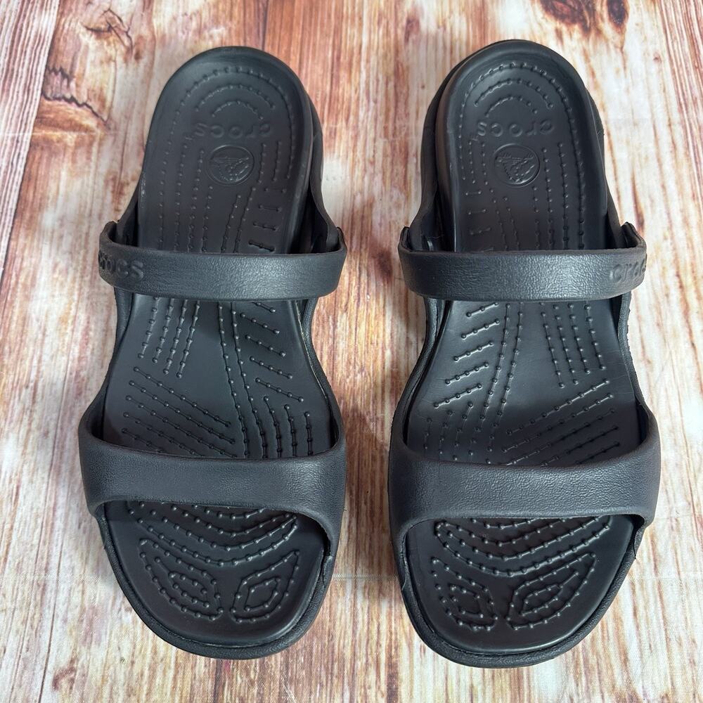 Crocs CLEO Size 9 Black Double Two Strap Sandals Slides Flats Open Toe Shoes - Picture 4 of 11